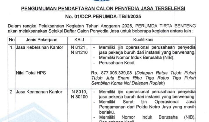 Pendaftaran Calon Penyedia Jasa Terseleksi